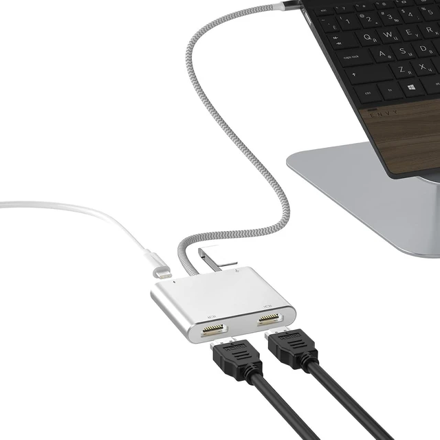Main image of Fophmo USB C to Dual HDMI Adapter, 4K@60Hz with 100W PD, USB-A, Support C to 2 HD Splitter Extended Display for Type C Devices (MST is not Supported on MacOS) (Silver, 3 * 0.6 * 6.7in)