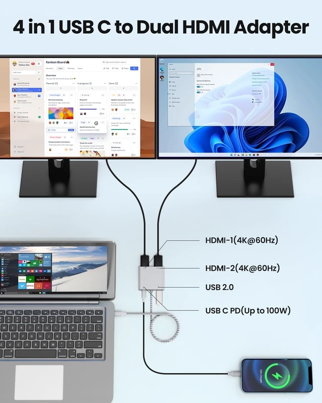 Alt view image 2 of 6 - Fophmo USB C to Dual HDMI Adapter, 4K@60Hz with 100W PD, USB-A, Support C to 2 HD Splitter Extended Display for Type C Devices (MST is not Supported on MacOS) (Silver, 3 * 0.6 * 6.7in)