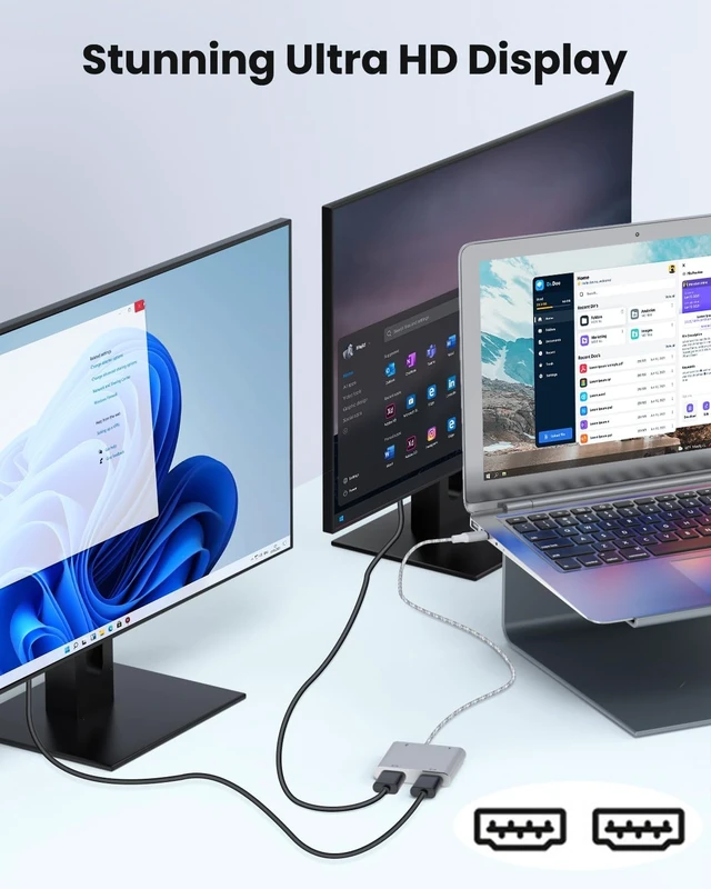 Alt view image 3 of 6 - Fophmo USB C to Dual HDMI Adapter, 4K@60Hz with 100W PD, USB-A, Support C to 2 HD Splitter Extended Display for Type C Devices (MST is not Supported on MacOS) (Silver, 3 * 0.6 * 6.7in)