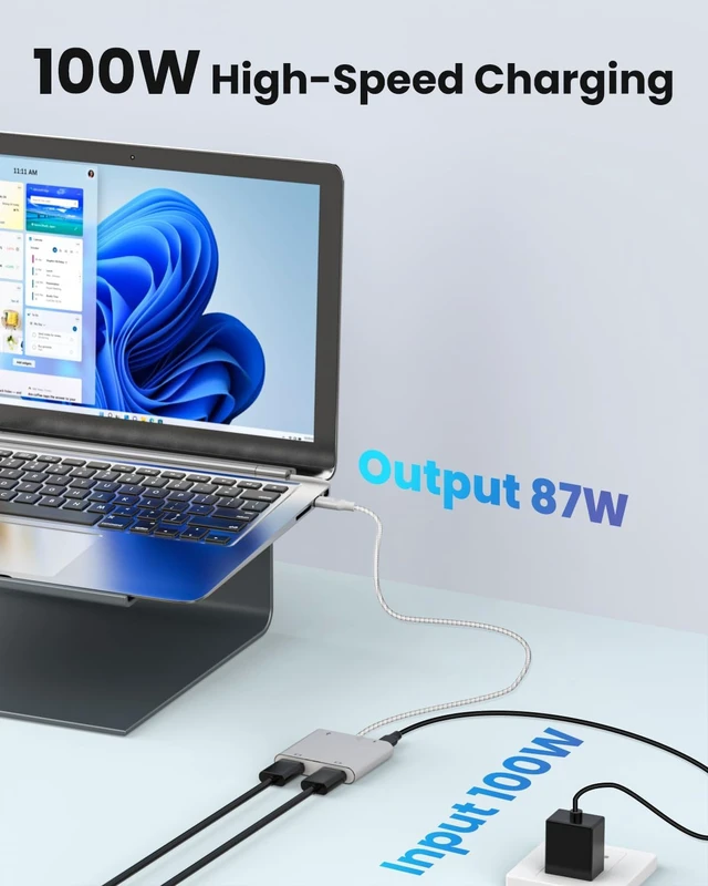 Alt view image 5 of 6 - Fophmo USB C to Dual HDMI Adapter, 4K@60Hz with 100W PD, USB-A, Support C to 2 HD Splitter Extended Display for Type C Devices (MST is not Supported on MacOS) (Silver, 3 * 0.6 * 6.7in)
