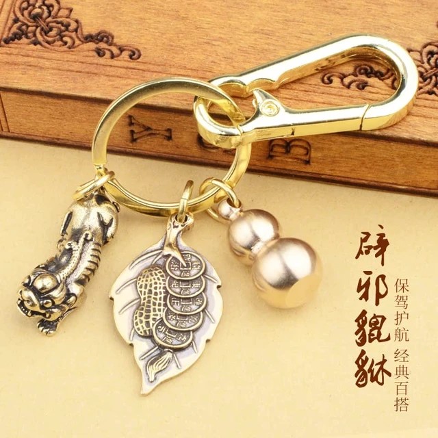 Alt view image 4 of 6 - xiexuelian One Leaf Fortune Brass Leaf Gourd Lucky Pixiu Keychain Copper Coin Transfer Pixiu Creative Gift Birthday Gift