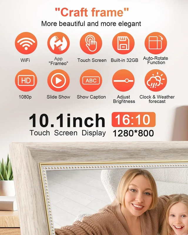 Alt view image 3 of 7 - Frameo Digital Frame 10.1 Inch WiFi Digital Photo Frame with 32GB Storage, 1280x800 HD IPS Touch Screen Picture Frames with Frameo APP, Long Distance Realationship Gifts, Elderly Tech-Nordic White