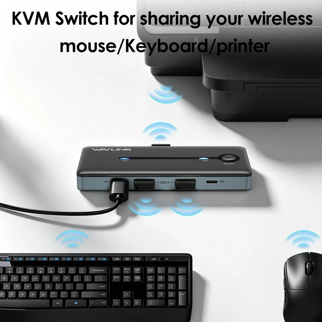 Alt view image 7 of 7 - KVM Switch 1 Monitors 2 Computers, WAVLINK HDMI KVM Switch | 4K@144Hz with HDCP 1.4/2.3, 3 USBA2.0 for Wireless Keyboards/Mice/Printers, Plug & Play, USB C DP Alt Mode Required