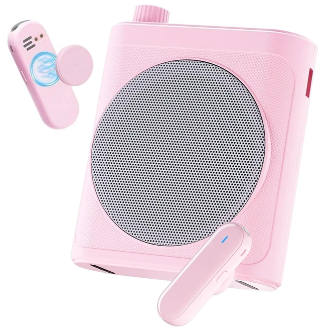 Main image of Voice Amplifier for Teachers with Bluetooth, Dual Magnetic Mics | Portable Rechargeable Speaker with Clip-On Lapel Microphones for Classroom, Tour Guide, Public Speaking, Training (Pink)