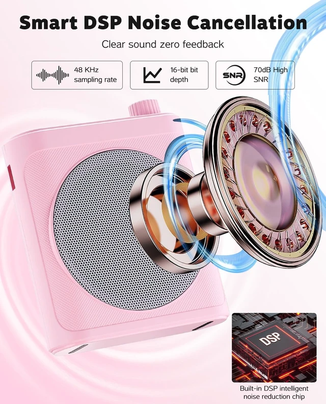 Alt view image 3 of 7 - Voice Amplifier for Teachers with Bluetooth, Dual Magnetic Mics | Portable Rechargeable Speaker with Clip-On Lapel Microphones for Classroom, Tour Guide, Public Speaking, Training (Pink)