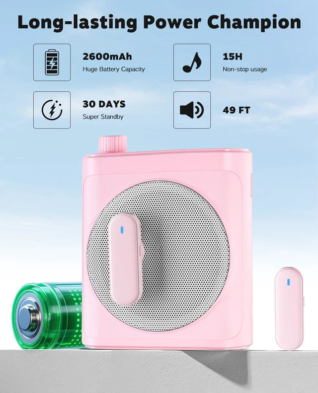 Alt view image 4 of 7 - Voice Amplifier for Teachers with Bluetooth, Dual Magnetic Mics | Portable Rechargeable Speaker with Clip-On Lapel Microphones for Classroom, Tour Guide, Public Speaking, Training (Pink)