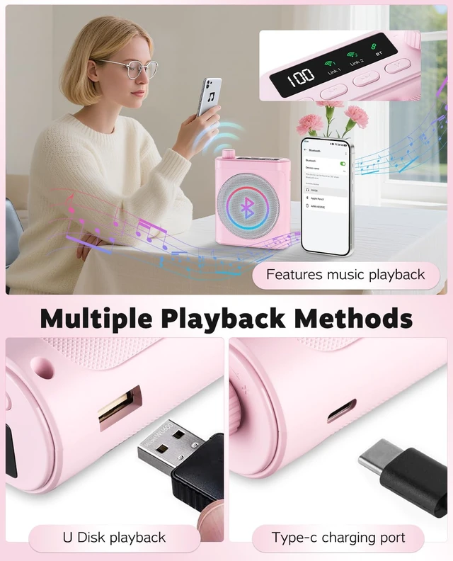 Alt view image 5 of 7 - Voice Amplifier for Teachers with Bluetooth, Dual Magnetic Mics | Portable Rechargeable Speaker with Clip-On Lapel Microphones for Classroom, Tour Guide, Public Speaking, Training (Pink)
