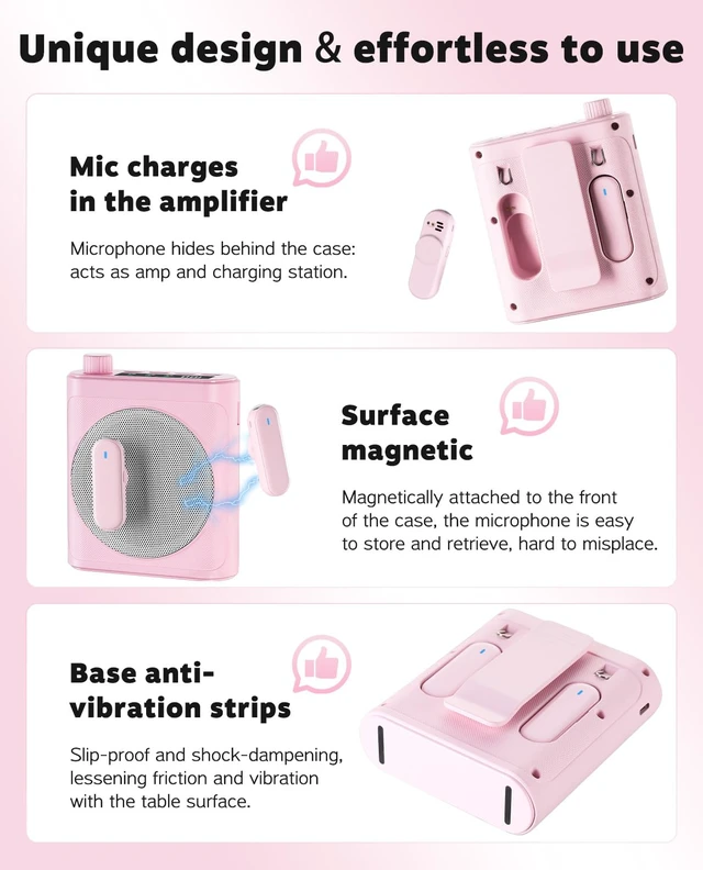 Alt view image 6 of 7 - Voice Amplifier for Teachers with Bluetooth, Dual Magnetic Mics | Portable Rechargeable Speaker with Clip-On Lapel Microphones for Classroom, Tour Guide, Public Speaking, Training (Pink)