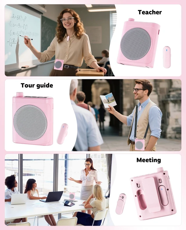 Alt view image 7 of 7 - Voice Amplifier for Teachers with Bluetooth, Dual Magnetic Mics | Portable Rechargeable Speaker with Clip-On Lapel Microphones for Classroom, Tour Guide, Public Speaking, Training (Pink)