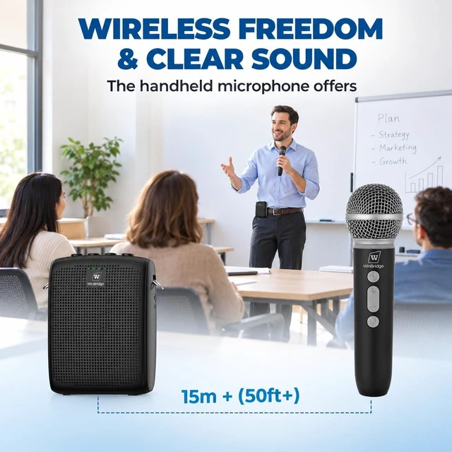 Alt view image 4 of 7 - Wireless Voice Amplifier with Microphone for Teachers,Tour Guides | Portable PA System with Wireless Handheld Mic, Bluetooth Speaker for Smaller Room, Public Speaking & Outdoor Events WB009