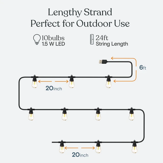 Alt view image 3 of 7 - Ambience Pro USB Powered String Lights - 24 Ft Commercial Grade Waterproof String Lights - Outdoor Shatterproof Patio Lights for Camping, Backyard, Porch, Christmas - 1W 12 Bulbs, Warm White