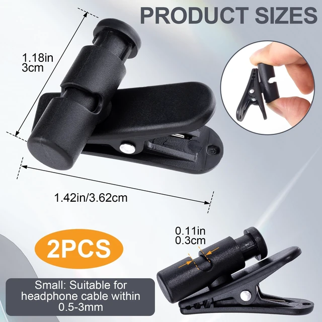 Alt view image 2 of 7 - 2 Pack Headphone Clips for Earphone Wire, Black (for 0.5-3 mm) | 360 Degree Rotate Earphone Microphone Cable Clips, Headset Mic Cord Clamp for Clothing, Shirt, Collar