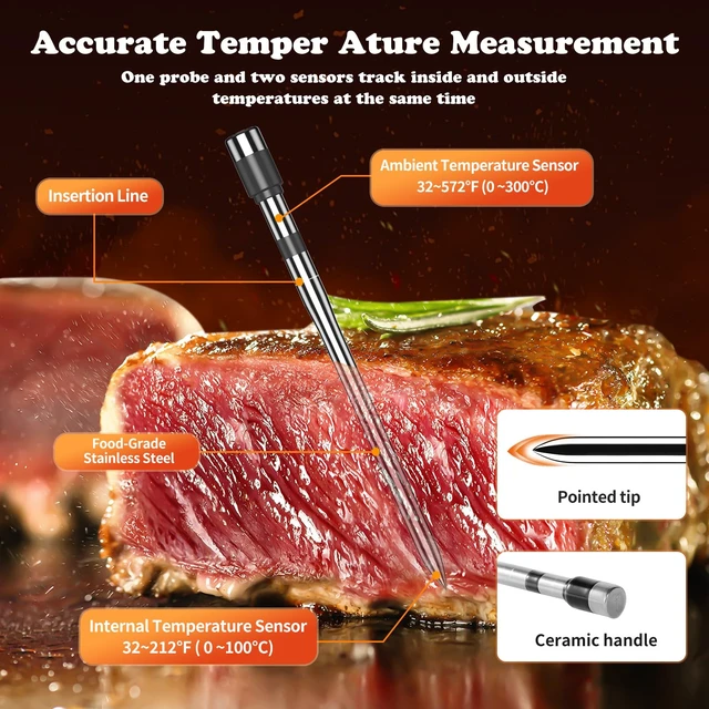 Alt view image 2 of 6 - Wireless Meat Thermometer-Multi Sensors Digital Food Thermometer with Ultra-Thin Probe, Accuracy Smart Bluetooth Meat Thermometer for Steak, BBQ, Oven, Grill, Smoker,Recipes in App & Host
