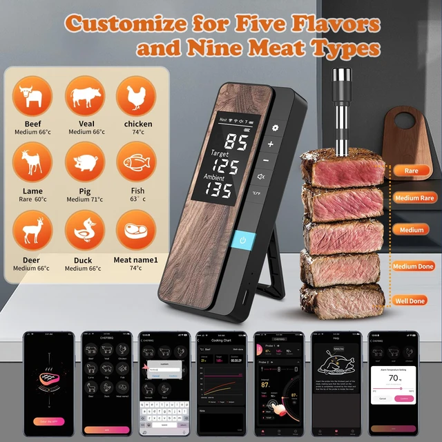 Alt view image 4 of 6 - Wireless Meat Thermometer-Multi Sensors Digital Food Thermometer with Ultra-Thin Probe, Accuracy Smart Bluetooth Meat Thermometer for Steak, BBQ, Oven, Grill, Smoker,Recipes in App & Host