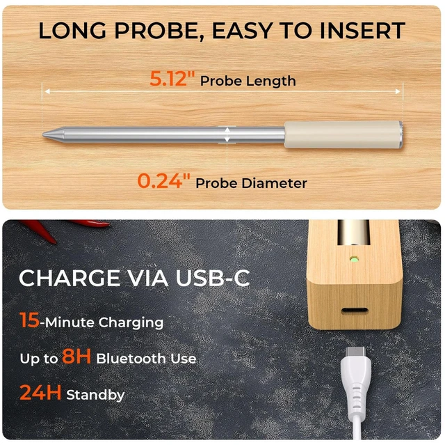 Alt view image 6 of 7 - Bluetooth Wireless Meat Thermometer, Probe for Grill, Oven & BBQ | Bluetooth App Monitoring, Food & Grill Temp Tracking, Smart Alerts, IP68-Rated Meat Probe, USB-C Charging for BBQ & Oven