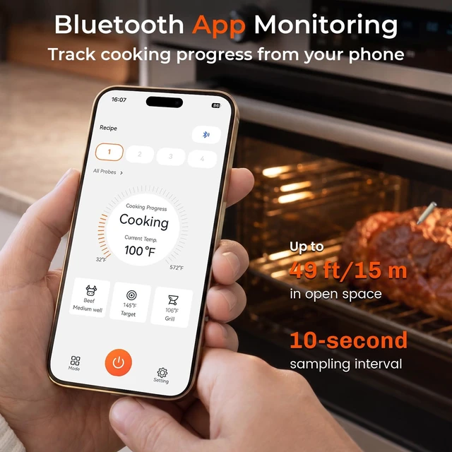 Alt view image 3 of 7 - Bluetooth Wireless Meat Thermometer, Probe for Grill, Oven & BBQ | Bluetooth App Monitoring, Food & Grill Temp Tracking, Smart Alerts, IP68-Rated Meat Probe, USB-C Charging for BBQ & Oven