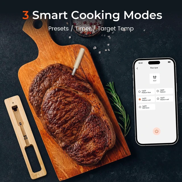 Alt view image 2 of 7 - Bluetooth Wireless Meat Thermometer, Probe for Grill, Oven & BBQ | Bluetooth App Monitoring, Food & Grill Temp Tracking, Smart Alerts, IP68-Rated Meat Probe, USB-C Charging for BBQ & Oven