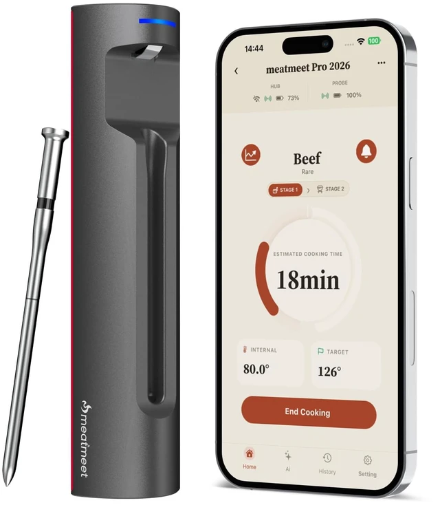 Main image of Wireless Meat Thermometer, Bluetooth 5.4, 6-Sensor, ±1°F Accuracy | Replaceable AAA Batteries, AI Guidance, Magnetic Mounting, an IPX8 Ultra-Thin Probe for BBQ, Grill, Oven, Smoker, Air Fryer