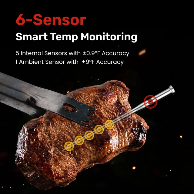 Alt view image 2 of 7 - Wireless Meat Thermometer, Bluetooth 5.4, 6-Sensor, ±1°F Accuracy | Replaceable AAA Batteries, AI Guidance, Magnetic Mounting, an IPX8 Ultra-Thin Probe for BBQ, Grill, Oven, Smoker, Air Fryer
