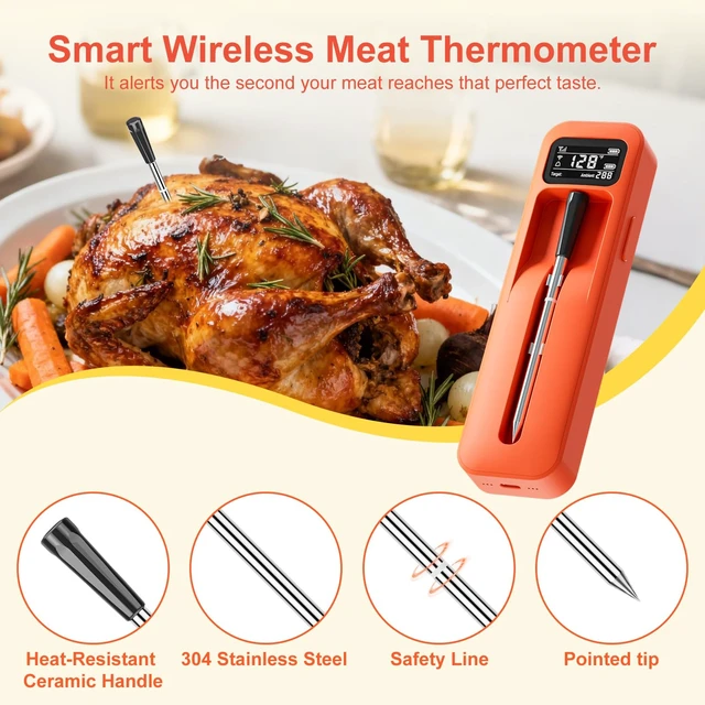 Alt view image 2 of 7 - Smart Wireless Meat Thermometer with Ceramic Probe Digital | Standalone Display Base Real-time Monitoring ±0.5°F Accuracy,Heat-resistant,Bluetooth 3000FT Range iOS & Android APP Control