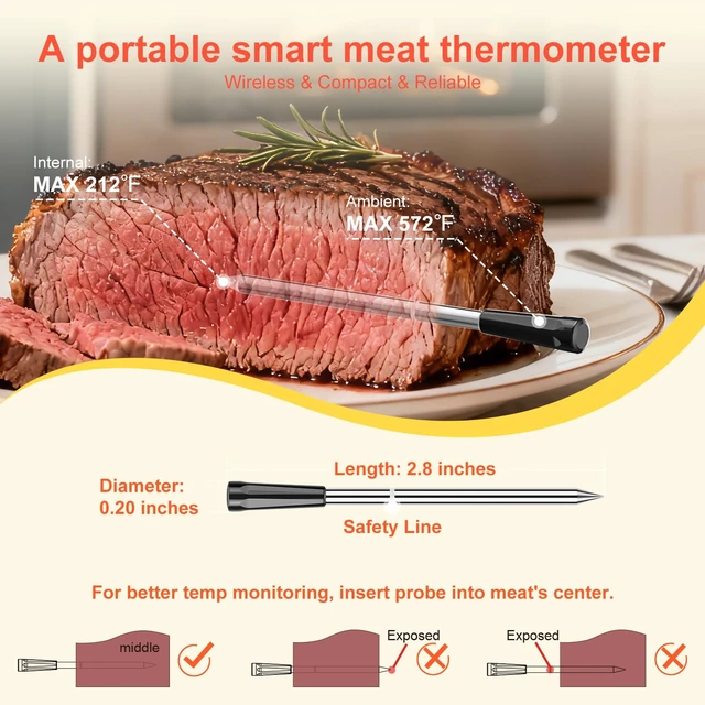 Alt view image 3 of 7 - Smart Wireless Meat Thermometer with Ceramic Probe Digital | Standalone Display Base Real-time Monitoring ±0.5°F Accuracy,Heat-resistant,Bluetooth 3000FT Range iOS & Android APP Control