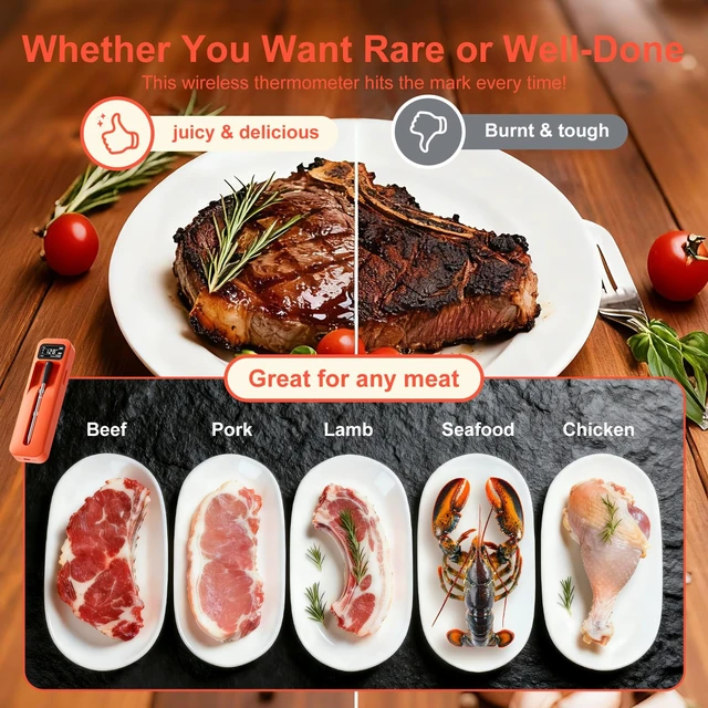 Alt view image 4 of 7 - Smart Wireless Meat Thermometer with Ceramic Probe Digital | Standalone Display Base Real-time Monitoring ±0.5°F Accuracy,Heat-resistant,Bluetooth 3000FT Range iOS & Android APP Control