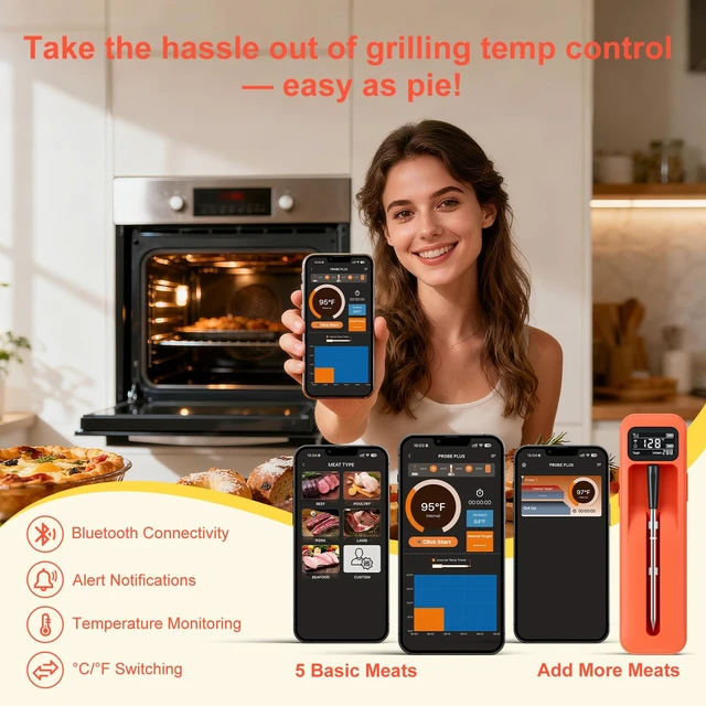 Alt view image 7 of 7 - Smart Wireless Meat Thermometer with Ceramic Probe Digital | Standalone Display Base Real-time Monitoring ±0.5°F Accuracy,Heat-resistant,Bluetooth 3000FT Range iOS & Android APP Control
