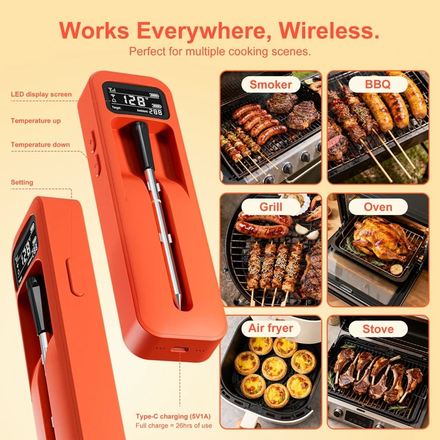 Alt view image 6 of 7 - Smart Wireless Meat Thermometer with Ceramic Probe Digital | Standalone Display Base Real-time Monitoring ±0.5°F Accuracy,Heat-resistant,Bluetooth 3000FT Range iOS & Android APP Control