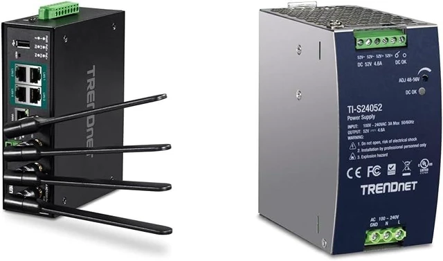 Main image of Bundle: TRENDnet Industrial AC1200 Wireless Gigabit PoE+ Router, TI-WP100 + TRENDnet 240W, 52V DC, 4.61A AC to DC DIN-Rail Power Supply, TI-S24052