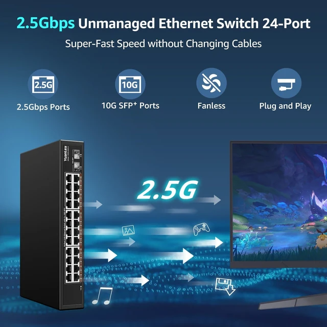 Alt view image 2 of 7 - 24 Port 2.5G Umanaged Ethernet Switch, 24 x 2.5Gb Base-T Ports, 2 x 10G SFP+, Compatible with 100/1000/2500Mbps, Metal Fanless, Desktop/Rack Mount YuanLey 2.5Gbe Network Switch for AP, NAS, PC