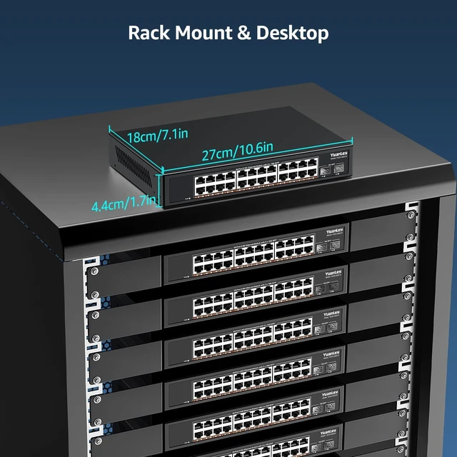 Alt view image 6 of 7 - 24 Port 2.5G Umanaged Ethernet Switch, 24 x 2.5Gb Base-T Ports, 2 x 10G SFP+, Compatible with 100/1000/2500Mbps, Metal Fanless, Desktop/Rack Mount YuanLey 2.5Gbe Network Switch for AP, NAS, PC