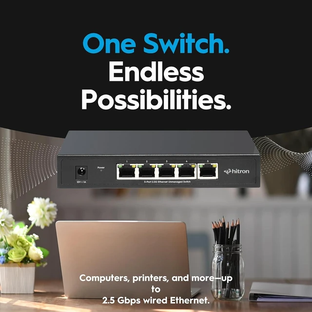 Alt view image 3 of 7 - Hitron 5-Port 2.5G Multi-Gig Ethernet Switch (APEX2005), Unmanaged, Fanless Metal Housing, Silent Operation, Ideal for WiFi 6, Gaming, Streaming & Home Office Networks