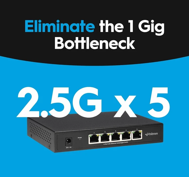 Alt view image 4 of 7 - Hitron 5-Port 2.5G Multi-Gig Ethernet Switch (APEX2005), Unmanaged, Fanless Metal Housing, Silent Operation, Ideal for WiFi 6, Gaming, Streaming & Home Office Networks