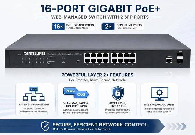 Alt view image 6 of 7 - Intellinet 16-Port Gigabit Managed PoE Switch, 374W, 2 SFP, Rackmount