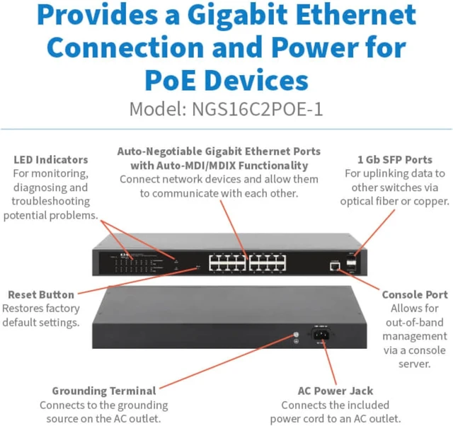 Alt view image 2 of 7 - Eaton Tripp Lite Series 16-Port Gigabit Managed PoE+ Switch with 2 SFP Ports, Easy Smart WebManaged Layer 2 Ethernet Splitter, 220W, 1 Gbps, 1U Rack Mount or Desktop, 3Year Warranty (NGS16C2POE-1)