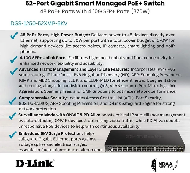 Alt view image 3 of 7 - D-Link 52-Port Gigabit Smart Managed PoE+ Switch