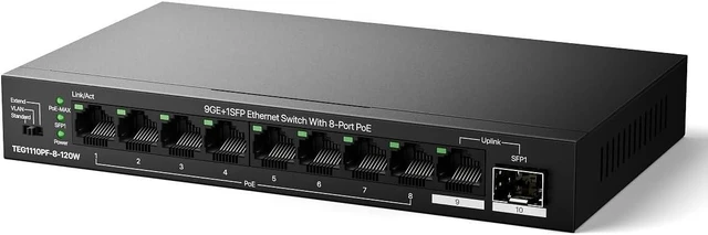 Main image of Tenda PoE Switch, Gigabit Ethernet Switch, 8 Port PoE+@110W, Uplink & SFP