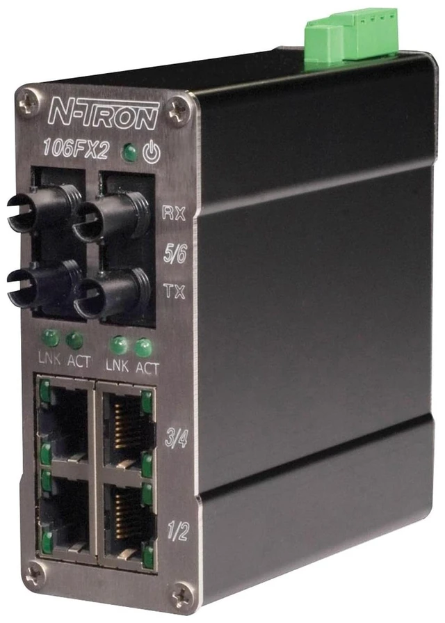 Main image of Red Lion Controls/N-Tron 106FX2-ST 6 Port Industrial Ethernet Switch, 4 x 10/100BaseTX, 2 x 100Base Fiber Uplinks, DIN-Rail, Multimode, ST Style Connector.