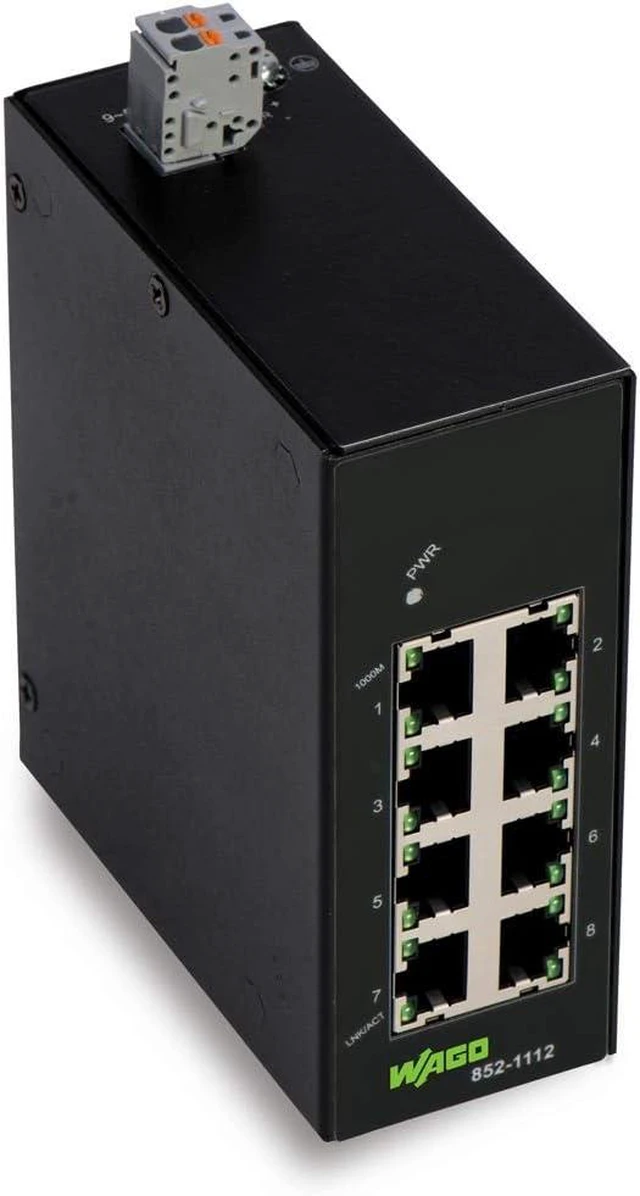 Main image of WAGO 852-1112 1 GBPS, 100MBPS, 8 Ports, DIN Rail Mount, ETHERNET Switch, Network SPEEDS:10MBPS, RJ45 X 8, ROHS Compliant