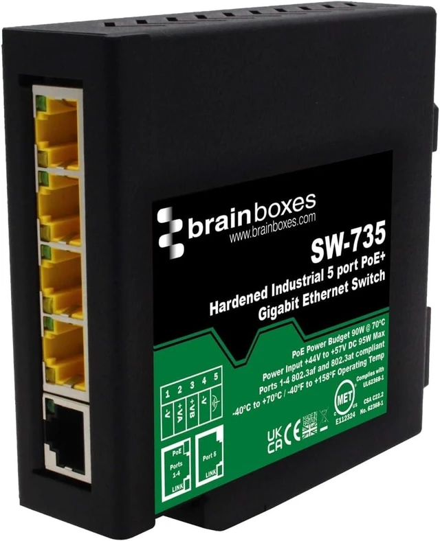 Main image of Brainboxes SW-735 5 Port PoE Plus Hardened Industrial Gigabit Ethernet Switch