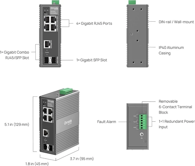 Alt view image 6 of 7 - Omada IES206G, 5 Port Gigabit Easy Managed Industrial Switch