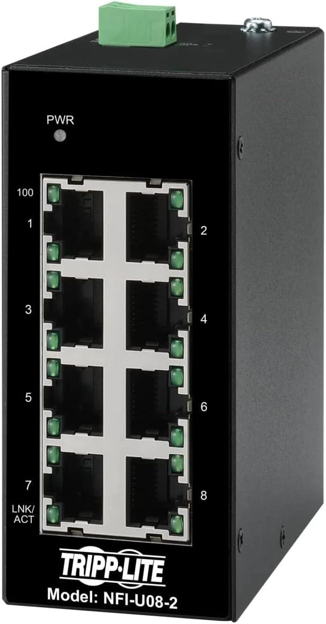 Main image of Tripp Lite Industrial 8 Port Ethernet Network Switch 10/100 Mbps -40° to 167°F Temperature Range Unmanaged TAA Compliant DIN Mount (NFI-U08-2)