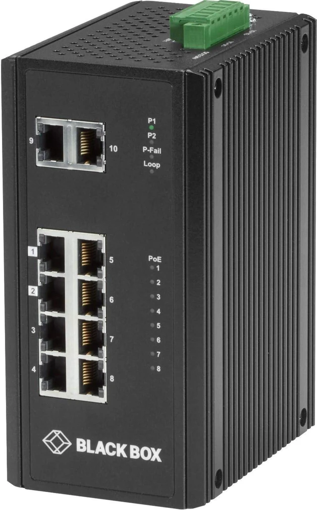 Main image of Black Box Industrial (8) 10/100/1000 PoE + (2) Gigabit Ethernet Switch - 10 Ports - 2 Layer Supported - Twisted Pair - Wall Mountable, DIN Rail Mountable, Panel-mountable - 1 Year Limited Warranty