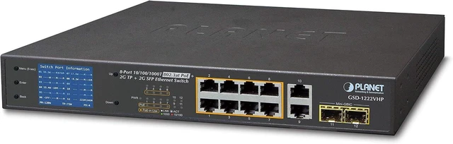 Main image of GSD-1222VHP 8-Port 10/100/1000T 802.3at PoE + 2-Port 10/100/1000T + 2-Port 1000X SFP Ethernet Switch with PoE LCD Monitor