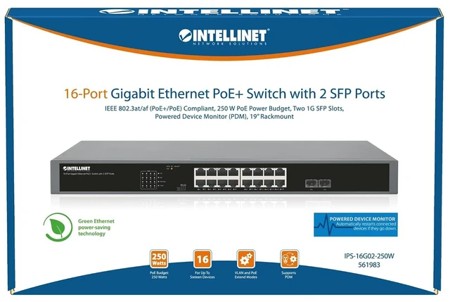 Alt view image 4 of 4 - Intellinet 16-Port PoE+ Gigabit Ethernet Switch, 250W, 2 SFP Ports