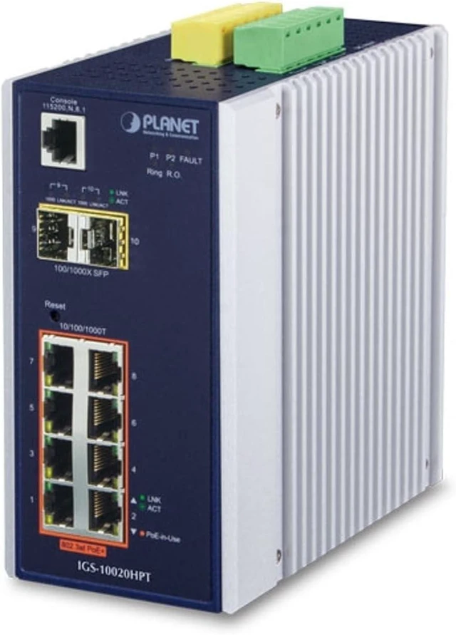 Main image of PLANET IGS-10020HPT / Industrial 8-Port 10/100/1000T 802.3at PoE + 2-Port 100/1000X SFP Managed Switch with Wide Operating Temperature