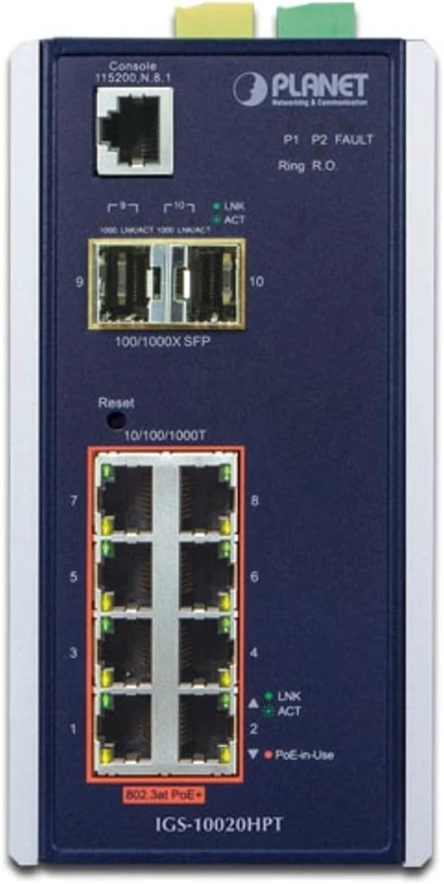 Alt view image 2 of 2 - PLANET IGS-10020HPT / Industrial 8-Port 10/100/1000T 802.3at PoE + 2-Port 100/1000X SFP Managed Switch with Wide Operating Temperature