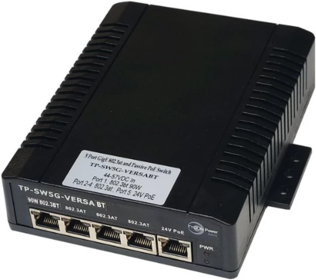 Main image of Tycon Power Systems TP-SW5G-VERSABT 5 Port Gigabit Versatile Output PoE Switch, 1 (90W) bt, 3 (30W) at, 1 (12W) 24V PoE
