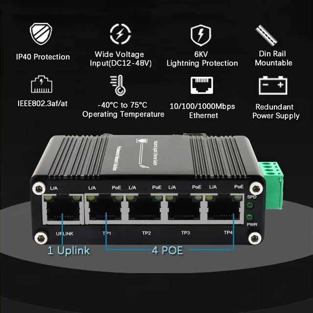 Alt view image 4 of 7 - Industrial 5-Port Full Gigabit POE Switch Supports DC12V ~ DC48V Input with Voltage Booster, Total IEEE802.3at POE Power Budget 120W