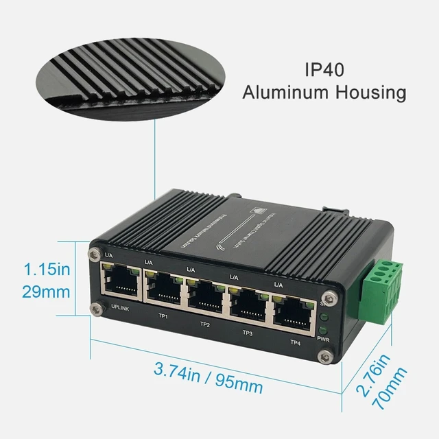 Alt view image 7 of 7 - Industrial 5-Port Full Gigabit POE Switch Supports DC12V ~ DC48V Input with Voltage Booster, Total IEEE802.3at POE Power Budget 120W